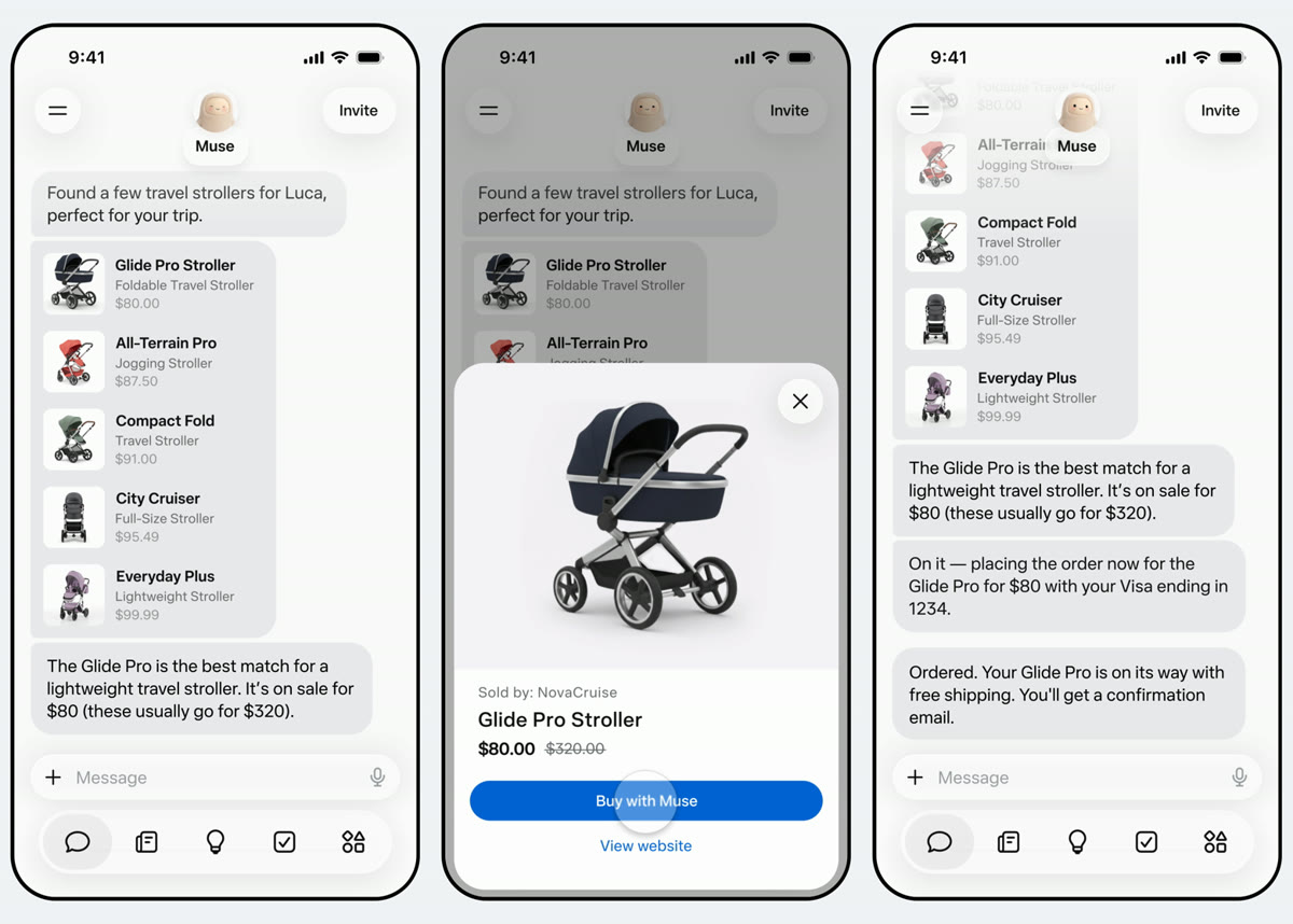 Muse アプリの買い物デモ。旅行用ベビーカーの候補を並べ、「Buy with Muse」で購入し、「注文しました」と報告するまでの3画面