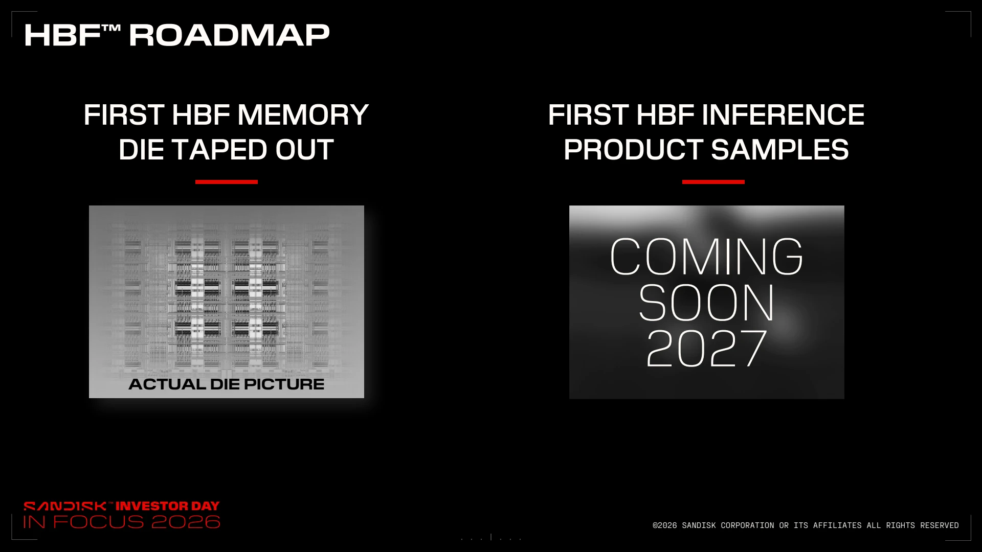 Sandisk Investor Day資料96ページ。最初のHBFメモリダイの実物写真と、最初のHBF推論製品サンプルを2027年に予定していることを示す